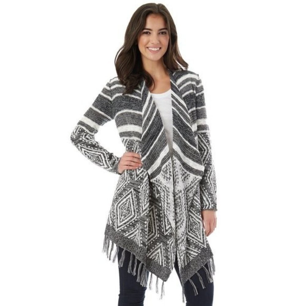 IZ BYER drape neck Open Front Long Cardigan Sweater Gray Fringe Size Medium